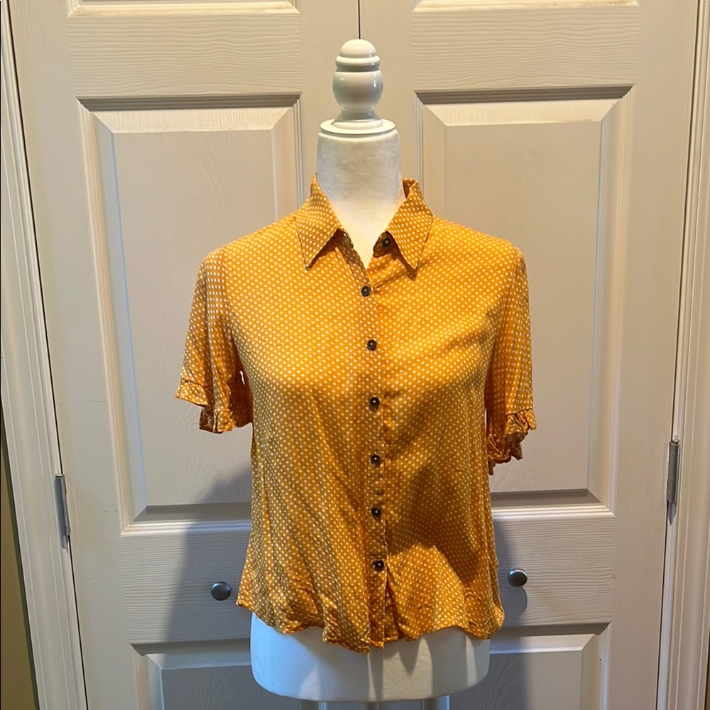 Yellow Button Down Shirt with Ruffled Hem and Notched Collar